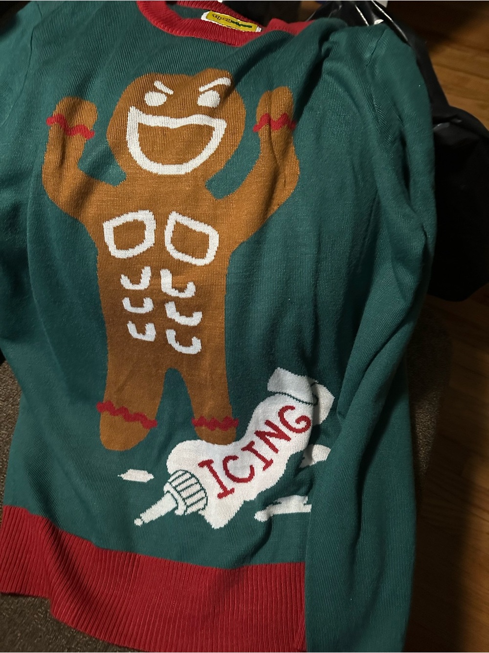 Tipsy Elves Green Crewneck Sweater with Brown Gingerbread and Red Trim